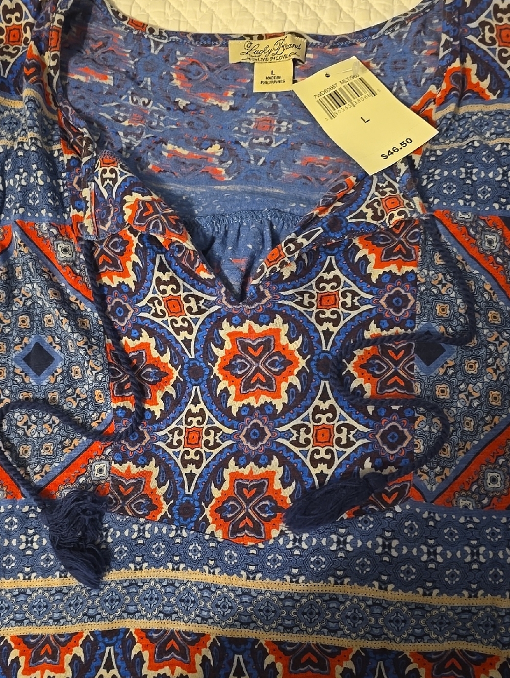 Lucky Brand Blue Orange Paisley Boho Peasant Blouse Tie Neck 3/4 Sleeve - Picture 10 of 10